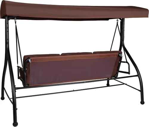 Miniatura 8 de BizChair Hamaca de toldo de columpio de patio de conversión de acero al aire libre de 3 asientos con cojines/cama de columpio al aire libre (marrón)