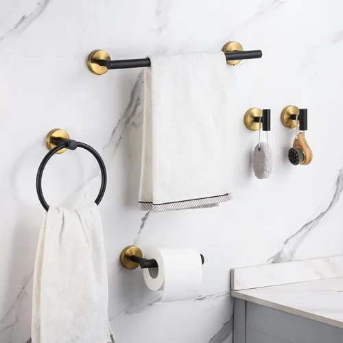 Miniatura 2 de Juego de accesorios de baño Hinmood Negro y Oro, juego de toallas que incluye 2 barras de toalla de 16 pulgadas, 2 soportes de papel higiénico, 2