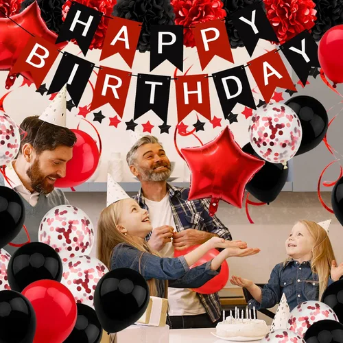 Miniatura 7 de Decoraciones de cumpleaños negro y rojo – Cartel de feliz cumpleaños para niños, niñas, hombres y mujeres, suministros de fiesta