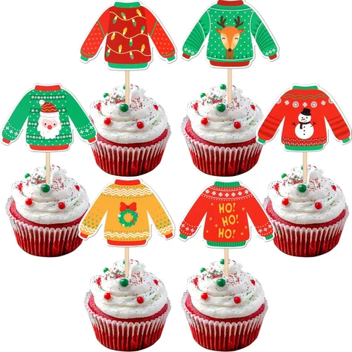 Miniatura 23 de 24 piezas de adornos para cupcakes de Navidad dorados verdes y rojos con purpurina, Papá Noel, árbol de Navidad, adornos para cupcakes para el tema