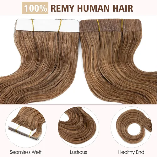 Miniatura 3 de Hairro Extensiones de cabello humano ondulado con cinta adhesiva de 14 pulgadas, color castaño rubio, corto, 1.41 onzas, 20 unidades, extensiones