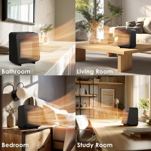 Miniatura 6 de Reaks PTC - Calentador de espacio de cerámica con enchufe de seguridad ALCI para baño e interior, calentador eléctrico de 1500 W con termostato Negro