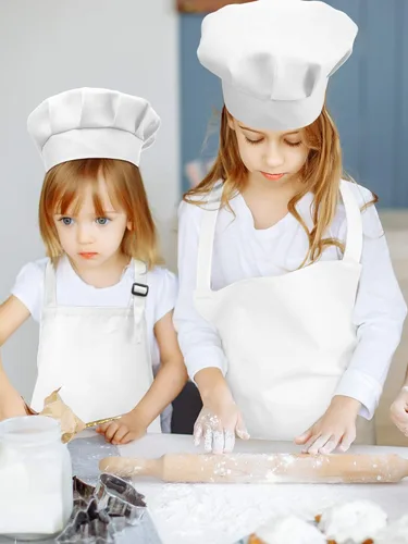 Miniatura 6 de SATINIOR Juego de 8 delantales y sombrero de chef para niños con 2 bolsillos ajustables para niños y niñas, cocinar, hornear, pintar Blanco