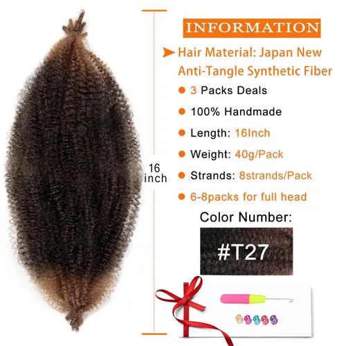 Miniatura 2 de Cabello afro trenzado elástico color marrón claro de 16 pulgadas, paquete de 3 T27, cabello afro preesponjado y trenzado elástico, cabello afro