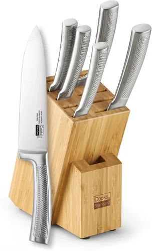 Cooks Standard Juego de cubiertos de cocina de bambú clásico con cuchillos, hoja alemana de alto carbono de forja de acero inoxidable con bloque de