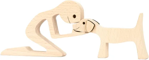 ISHINE Wood Decor Wooden Statue Man and Dog Figurine Handmade Carved Creative Home Office Gift for Men Women Accents Decoration Natural ECO Friendly