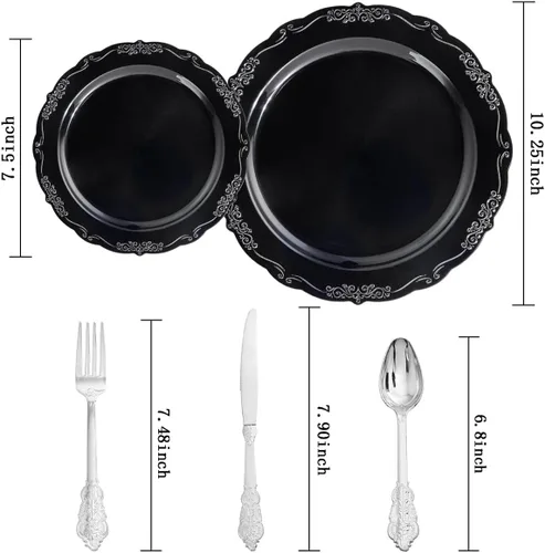 Miniatura 7 de DaYammi 150 platos de plástico negro plateado y cubiertos de plástico plateado, platos desechables de plata negra para incluir 30 platos llanos, 30