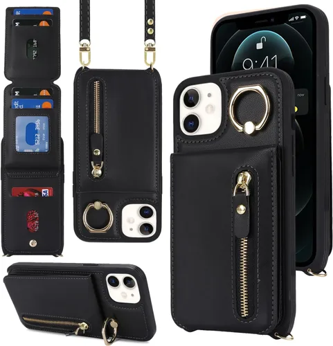 Miniatura 2 de Funda para iPhone 12 con tarjetero para mujer, para iPhone 12 Pro, funda para teléfono con correa, ranuras para tarjetas de crédito, bandolera