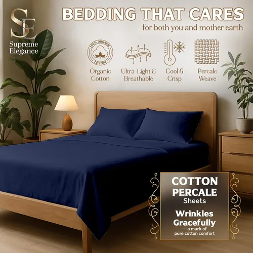 Miniatura 2 de SUPREME ELEGANCE Juego de sábanas tamaño King 100% algodón orgánico, percal nítido, ligeras y transpirables, sábanas de cama azul oscuro, bolsillo