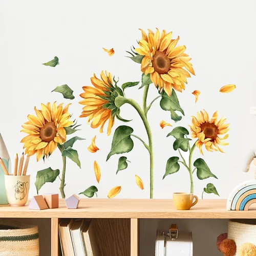 Miniatura 2 de Calcomanía de pared vintage de girasol, diseño floral de jardín, flores amarillas con hojas verdes, calcomanías de pared para despegar y pegar