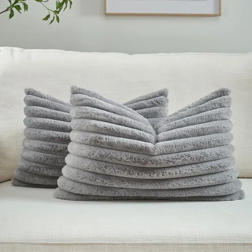 Miniatura 54 de FUTEI - Juego de 2 fundas de almohada decorativas con rayas, cuadradas, para invierno, piel sintética de conejo suave y acogedora y respaldo