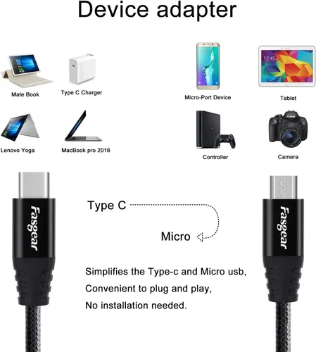 Miniatura 2 de Fasgear Cable USB C a Micro USB de 1m de Nylon Trenzado Tipo C a Micro USB Compatible con Galaxy S7/S6, HTC One/10 y Más (Negro, 3ft)