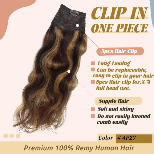 Miniatura 2 de Extensiones de cabello humano rizado real, con reflejos, mezcla de rubio medio, rubio fresa, una pieza, extensiones onduladas con clip