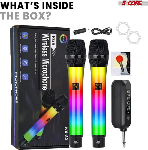 Miniatura 9 de 5 CORE Micrófonos inalámbricos, par de karaoke con luces LED brillantes, recargable, portátil, de largo alcance, micrófonos dinámicos de mano