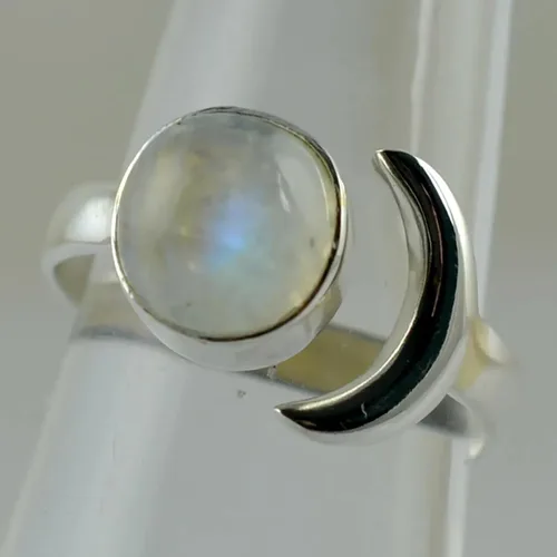 Miniatura 7 de Navya Craft Anillo de plata de ley 925 con piedra lunar y luna creciente, ajustable, para mujer, piedra lunar arcoíris natural, joyería hecha a