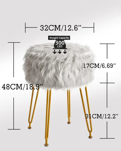 Miniatura 3 de IBUYKE Taburete de Vanidad Redondo de Piel Sintética con Almacenamiento, Silla Otomana de Maquillaje Peluda, Asiento Acolchado Suave, Reposapiés