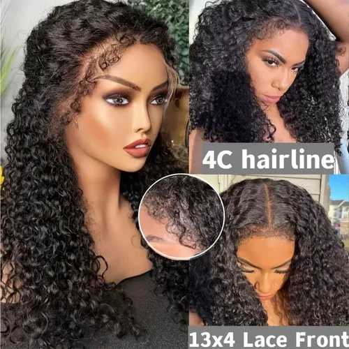 Miniatura 2 de Peluca de encaje frontal de 13 x 4 pulgadas, con bordes rizados, 4C, pelucas de cabello humano para mujeres negras, sin pegamento, encaje HD