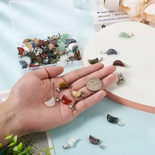 Miniatura 4 de FASHEWELRY 48 colgantes de piedra en forma de luna, 12 estilos mezclados de piedras preciosas naturales, dijes de cristal curativo para hacer joyas