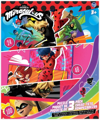 Milagrosa Ladybug - Rompecabezas 3 en 1 para niños. Con Lady & Cat Noir. Gran cumpleaños y regalos educativos para niños y niñas. Piezas coloridas