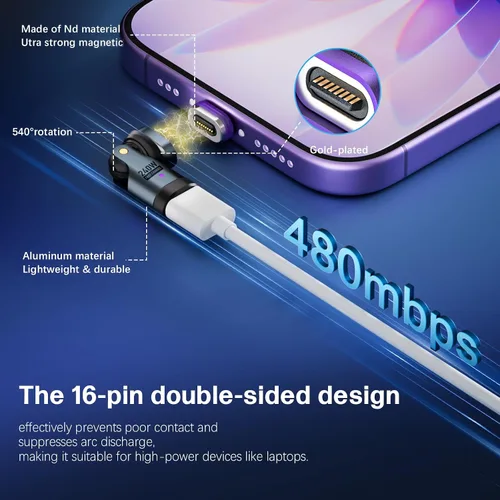 Miniatura 2 de Adaptador magnético USB C a C, giratorio de 16 pines 540 ° antiarco, PD 240 W carga rápida transferencia de datos de 480 Mbps, conexión segura