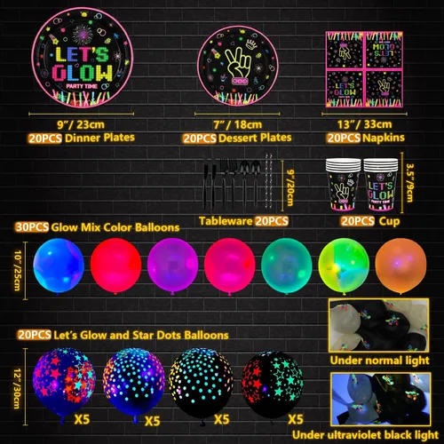 Miniatura 7 de 238 piezas de suministros de fiesta de neón que brillan en la oscuridad, decoraciones de fiesta de luz negra, juego de vajilla para fiesta, platos