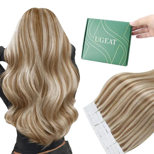 Miniatura 23 de Ugeat - Extensiones de cabello humano con cinta adhesiva, color marrón, extensiones de cabello humano, color marrón oscuro a rubio caramelo, Cinta