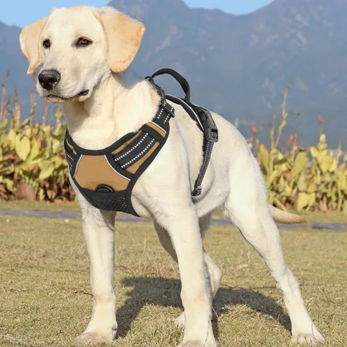 Miniatura 4 de MoNiBloom Arnés reflectante para perro, arnés de chaleco sin tirones con asa, arnés acolchado suave ajustable para perros grandes, marrón claro, L