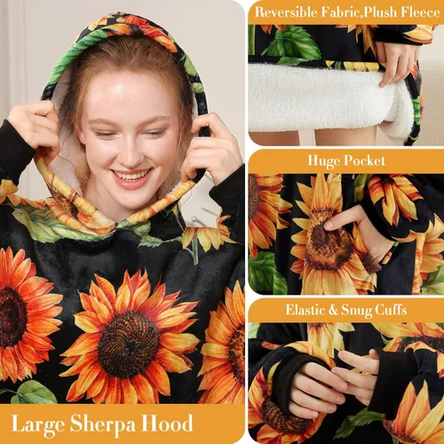 Miniatura 4 de LetsFunny Manta con Capucha, Sudadera Manta de Forro Polar Sherpa de Gran Tamaño Usable, Súper Suave Cálida y Acogedora con Bolsillo Gigante, Girasol