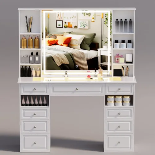 Miniatura 9 de Wildhome Escritorio de tocador de maquillaje con espejo y luces, mesa de tocador grande de 47 pulgadas con 9 cajones y 10 estantes de almacenamiento