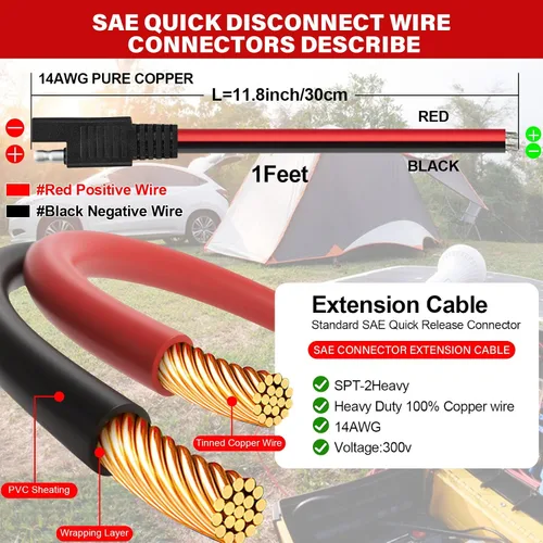 Miniatura 3 de Paquete de 8 Cables de Extensión SAE de Calibre 14 de 1 Pie Cobre Puro Conector SAE 14AWG 2 Pines Enchufe Individual Conector Rápido para Panel
