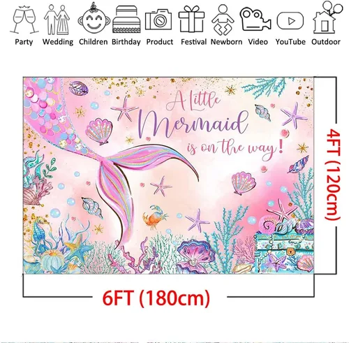 Miniatura 4 de Mocsicka Telón de fondo de sirena para baby shower, sirena rosa bajo el mar, decoración de fiesta de baby shower para niñas, fondo de fotografía