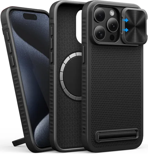 BXYJY Funda para iPhone 15 Pro Max Compatible con MagSafe, Soporte Integrado y Cubierta Deslizante de Cámara, Protección contra Caídas de Grado