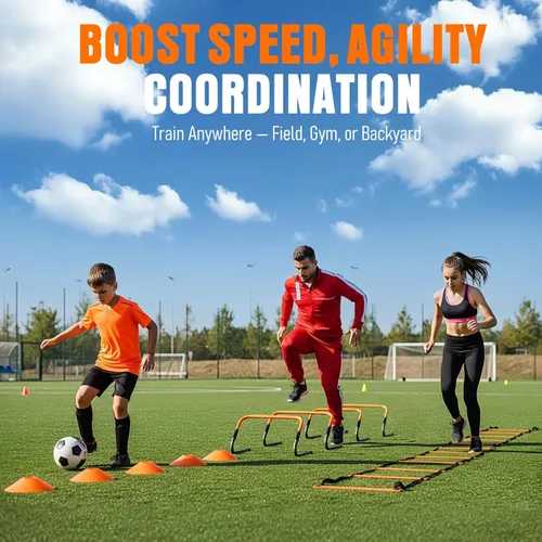 Miniatura 3 de Agility Ladder, Soccer Football Training Equipment Set - 20ft Speed Ladder, 4 Hurdles,Parachute, 12 Cones & Jump Rope Agility & Speed Training for
