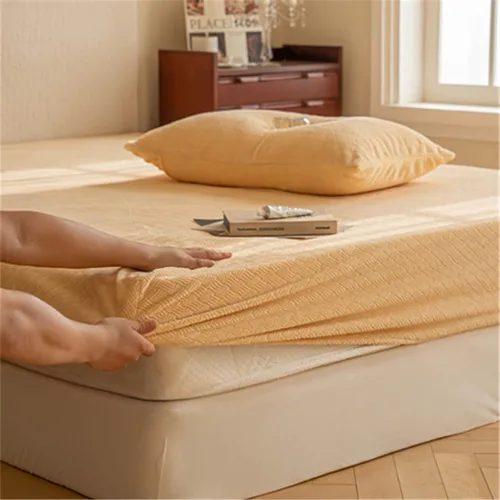 Miniatura 8 de Funda de colchón ajustada, cubrecolchón grueso y cálido de forro polar de leche, protector de colchón de impresión en color sólido para colchones