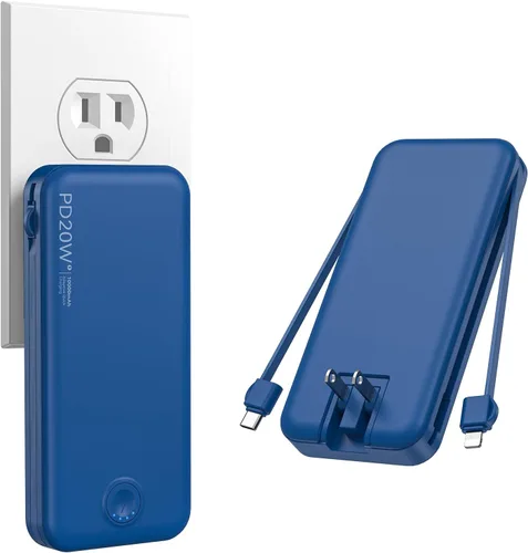 Miniatura 9 de Cargador portátil, 20000 mAh 22.5 W, cargador de energía de carga rápida con cables integrados y enchufe de pared, batería externa USB C con Púrpura