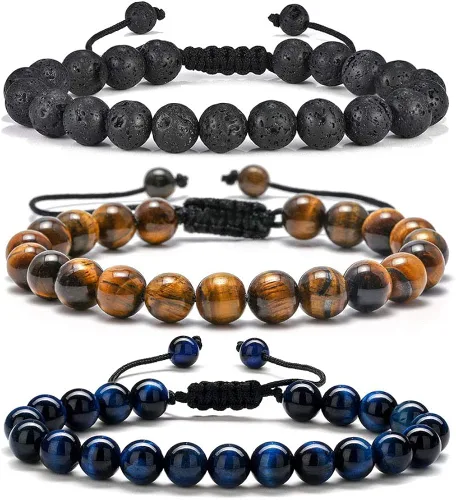 M MOOHAM - Pulsera de roca de lava, pulsera de ojo de tigre de piedra de 0.315pulgadas, de yoga ajustables para aliviar el estrés, aromaterapia,