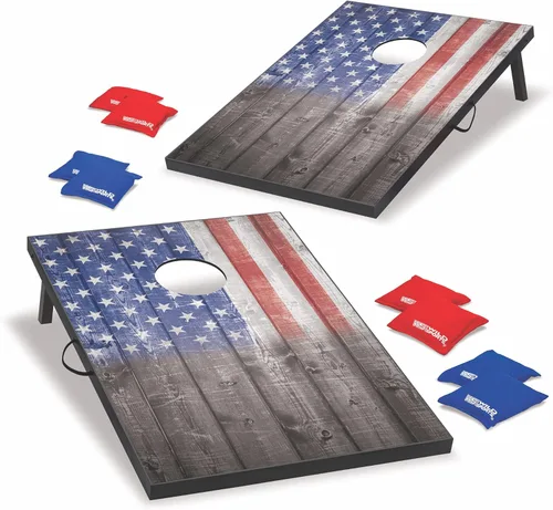 Wild Sports Juego de Cornhole para exteriores de 2'x3' o 2'x4', bandera de Estados Unidos o opciones de madera natural con bolsa de transporte