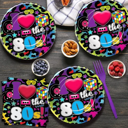 Miniatura 5 de Vajilla de decoración de fiesta de los años 80 – Los suministros para fiestas temáticas de los 80 incluyen platos de papel, vasos, servilletas