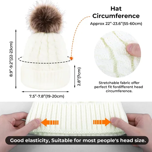 Miniatura 3 de Livingston Gorro de punto suave de invierno para mujer con pompón de piel sintética