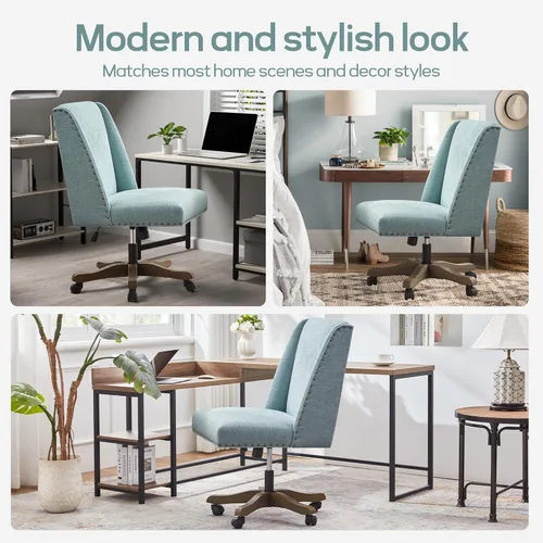 Miniatura 7 de Zihanhome Silla de oficina sin brazos con patas de madera, moderna y ajustable tapizada para oficina en casa, silla de escritorio sin brazos, silla