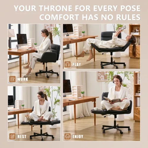 Miniatura 3 de Silla cruzada con brazos abatibles y ruedas giratorias, silla de tocador con altura ajustable y bolsillos laterales, cómodo asiento ancho Negro