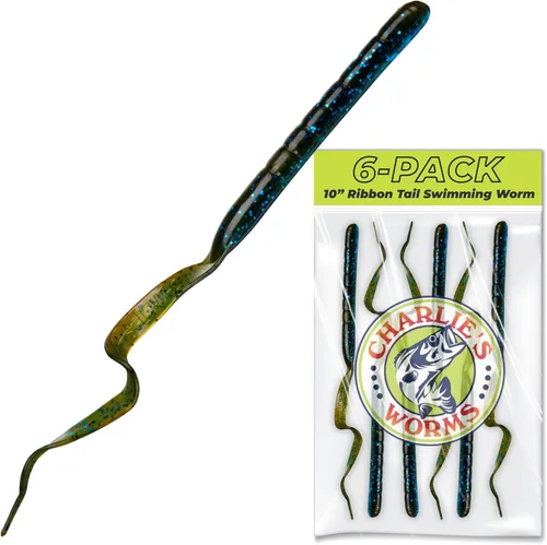 Miniatura 10 de Charlie's Worms Señuelos artificiales de cebo de pesca de 10 pulgadas con cola de cinta, para agua dulce y salada, con bajo suave, perfumado, JW