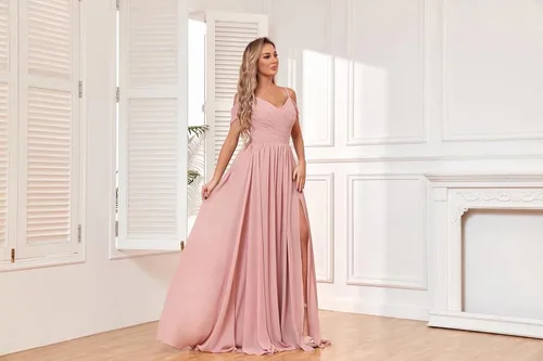 Miniatura 5 de BOLENSYE Vestidos de dama de honor con hombros descubiertos y bolsillos, vestido de noche formal con abertura larga de gasa fruncida
