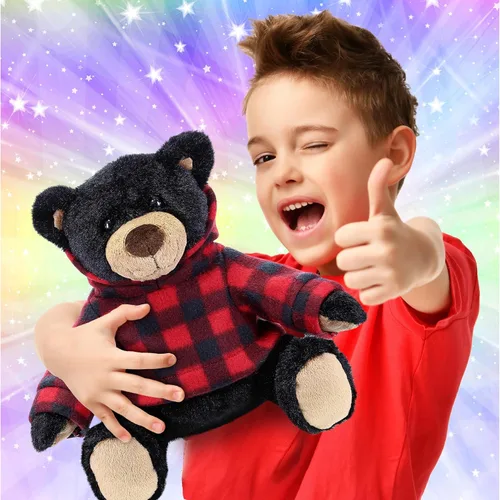 Miniatura 2 de DolliBu Oso negro de felpa con capucha a cuadros rojos, oso suave y abrazable, adorable peluche de oso negro de zoológico, bonito regalo para niños