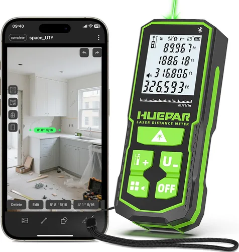 Huepar Herramienta de medición láser verde de 330 pies con control de aplicación, medidor de distancia Bluetooth recargable de ± 1/16 pulgadas de