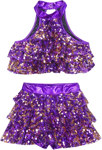 Miniatura 5 de Conjunto de camiseta corta metálica de lentejuelas con falda para niñas y niñas, trajes de baile latino de jazz, 2 piezas, disfraz de baile