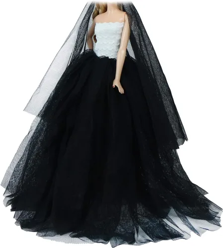 Miniatura 3 de Ropa de muñeca para niña de 11.5 pulgadas, vestido de fiesta de noche con velo largo en blanco y negro