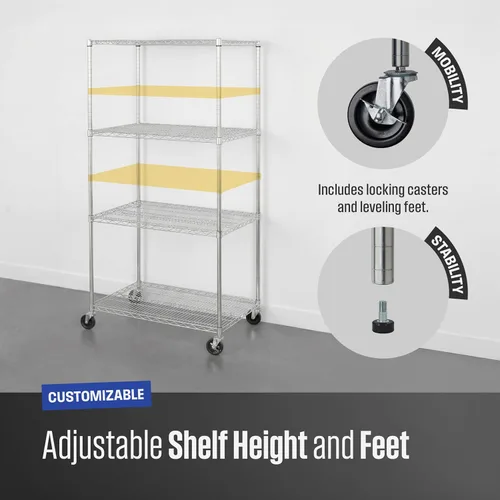 Miniatura 6 de SafeRacks - Estantes de almacenamiento certificados NSF, zinc, unidad de alambre de acero resistente con ruedas y patas ajustables, estante