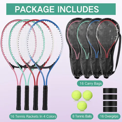 Miniatura 2 de 16 raquetas de tenis para adultos recreativas para 8 jugadores, raqueta de tenis de 27 pulgadas, raqueta de tenis ligera a granel con 8 pelotas