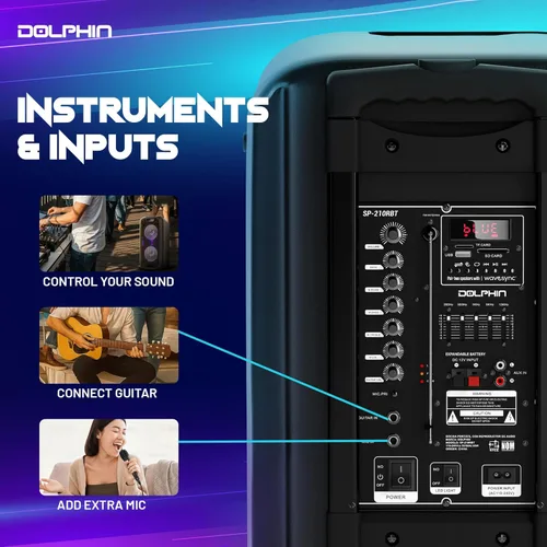Miniatura 4 de Dolphin Altavoz Bluetooth dual de 10 pulgadas para fiestas, altavoz grande de 1000 W con 2 micrófonos inalámbricos, graves potentes, luces LED